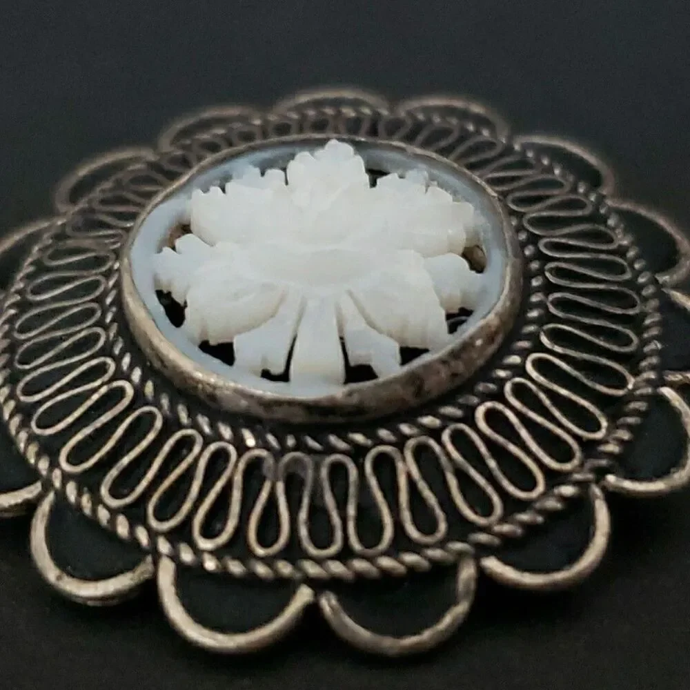 Vintage 935 Silver Jerusalem Carved Mother Of Pearl Flower Brooch Pin Pendant